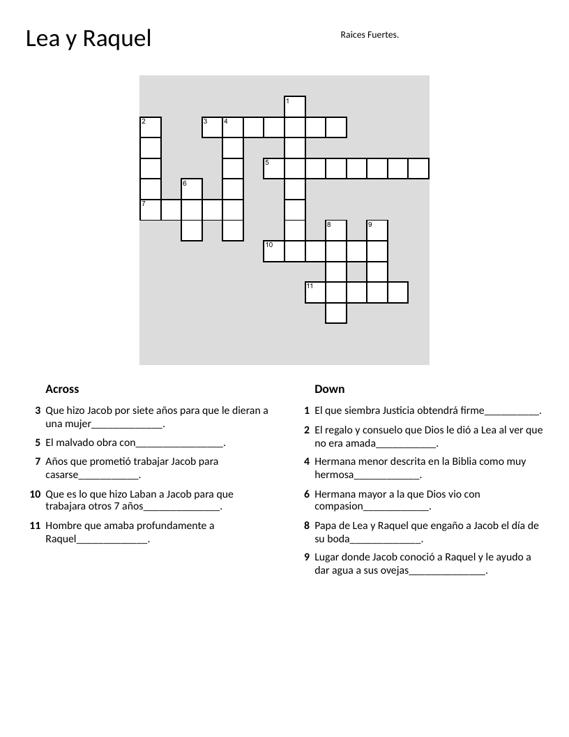 Spanish Bible crossword about Lea and Raquel, Genesis story vocabulary.