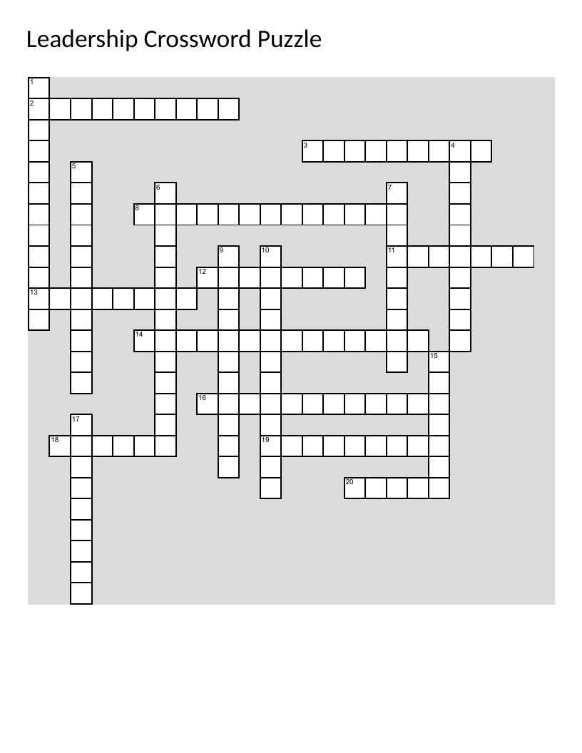 Leadership crossword with vocabulary for resilience, empathy, accountability, and communication.
