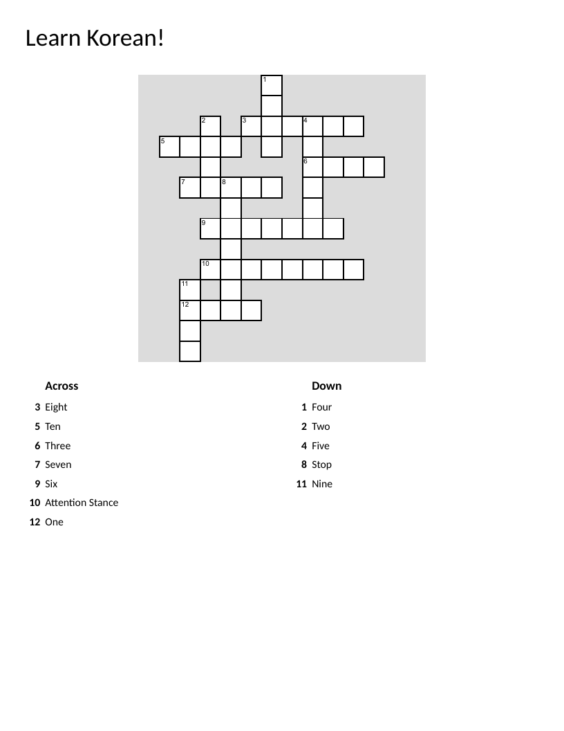Korean language crossword with numbers and basic vocabulary words.