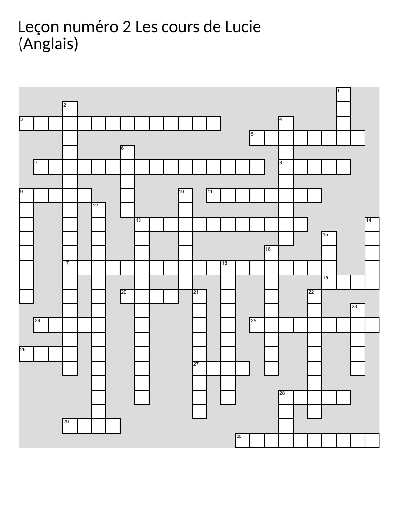 English vocabulary crossword with French clues, verb conjugation, and beach words.