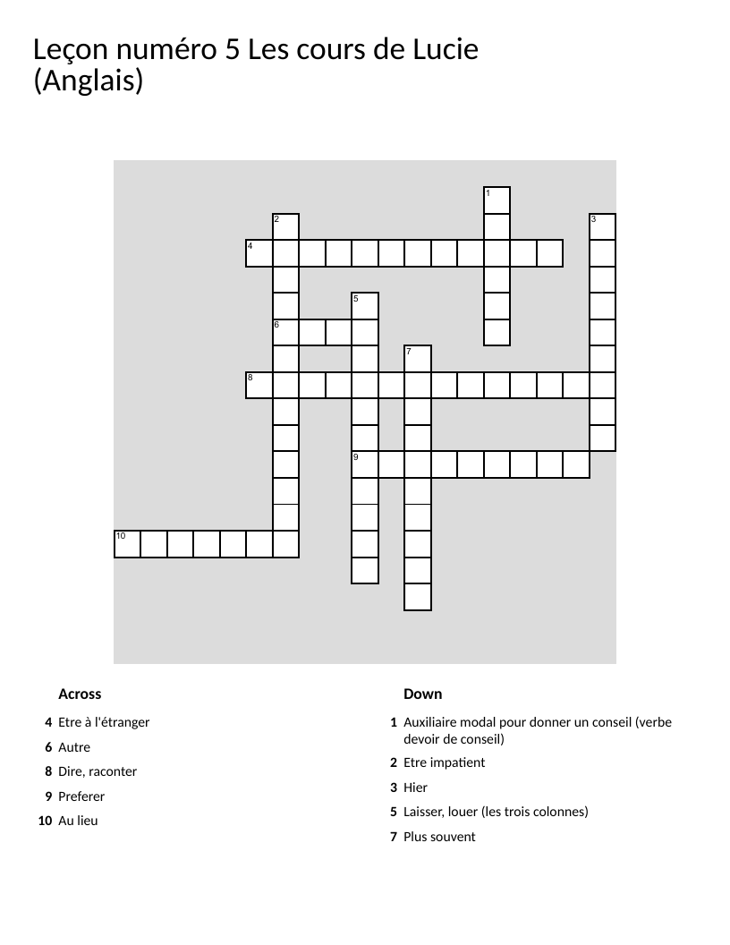 English vocabulary crossword with French clues for ESL learners.