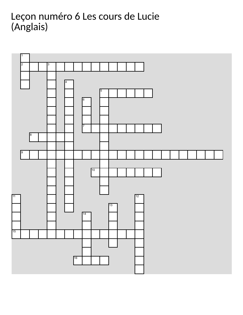 English vocabulary crossword with French clues covering verbs, daily routines, and family words.