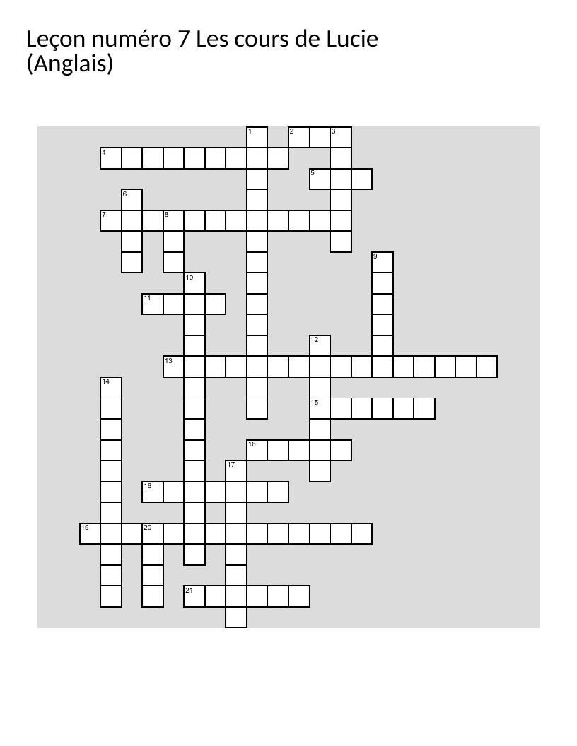 English vocabulary crossword with French clues, covering verbs, prepositions, and common words.