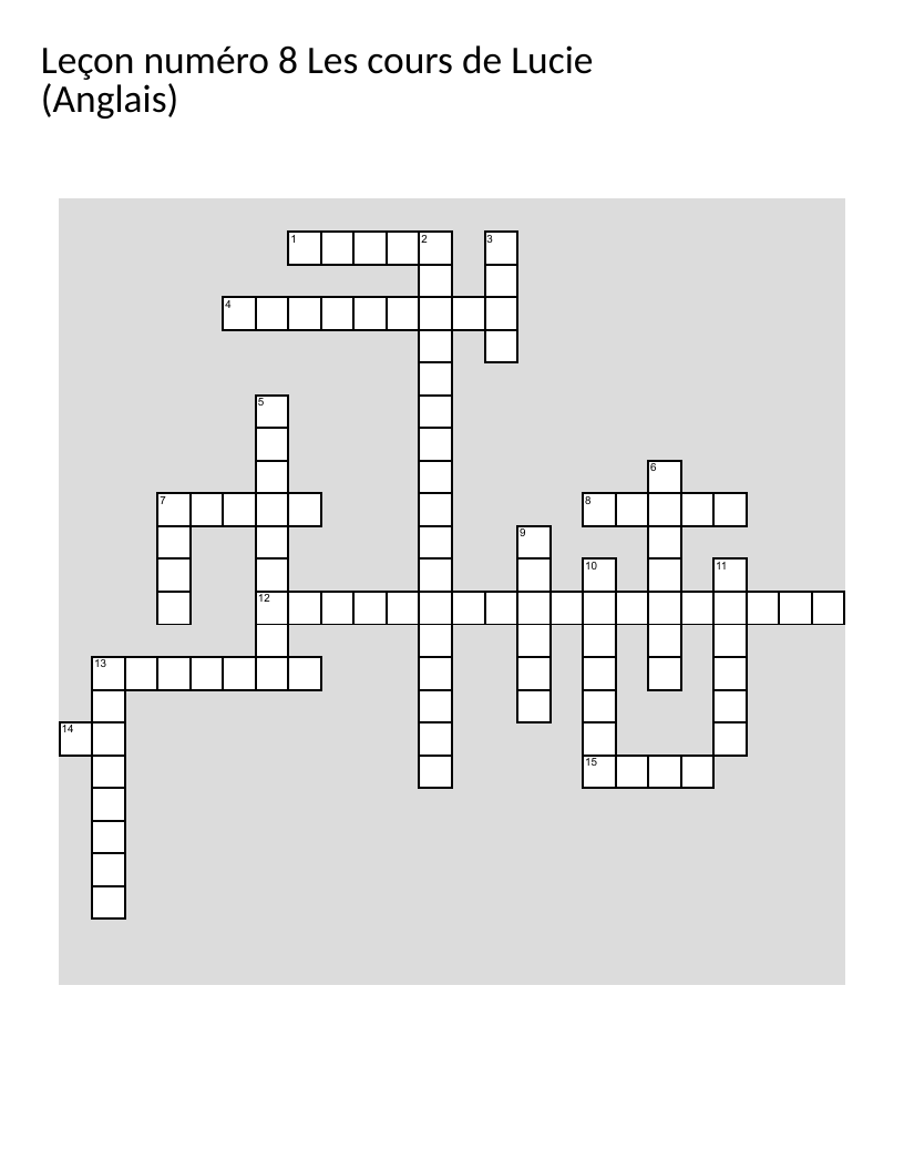 French-English crossword with verb conjugations and vocabulary translation exercises.