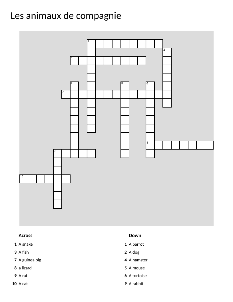 French pets vocabulary crossword with animals like cat, dog, and rabbit.