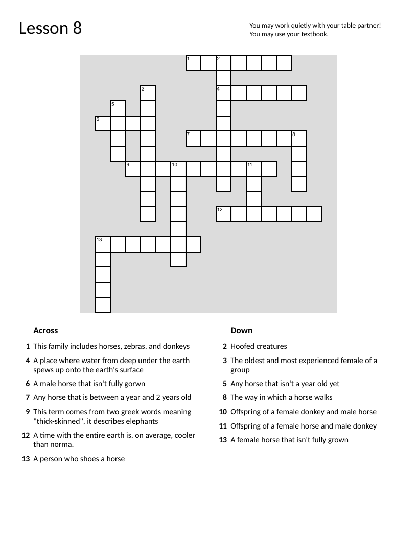 Science crossword covering horses, hoofed animals, geysers, and ice ages.
