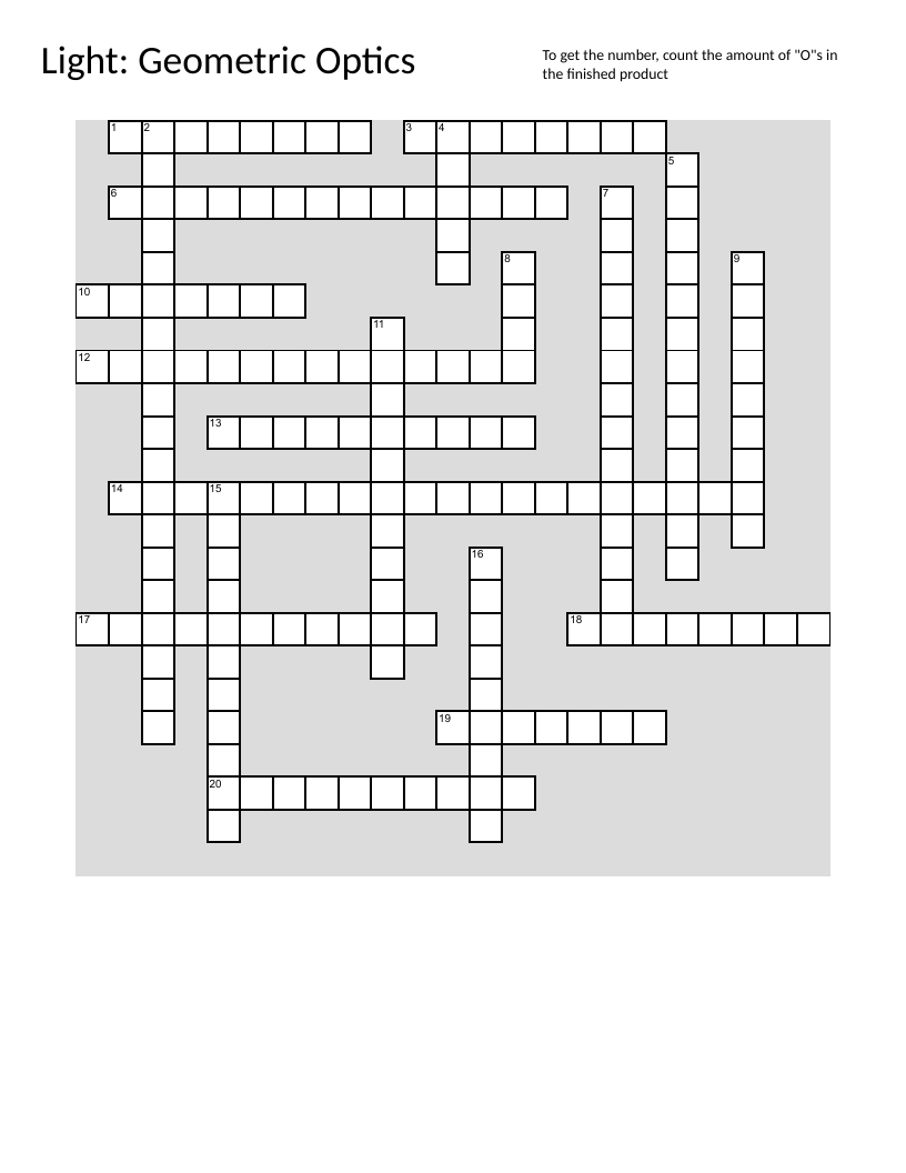 Geometric optics crossword with lenses, mirrors, focal planes, and Snell's law.