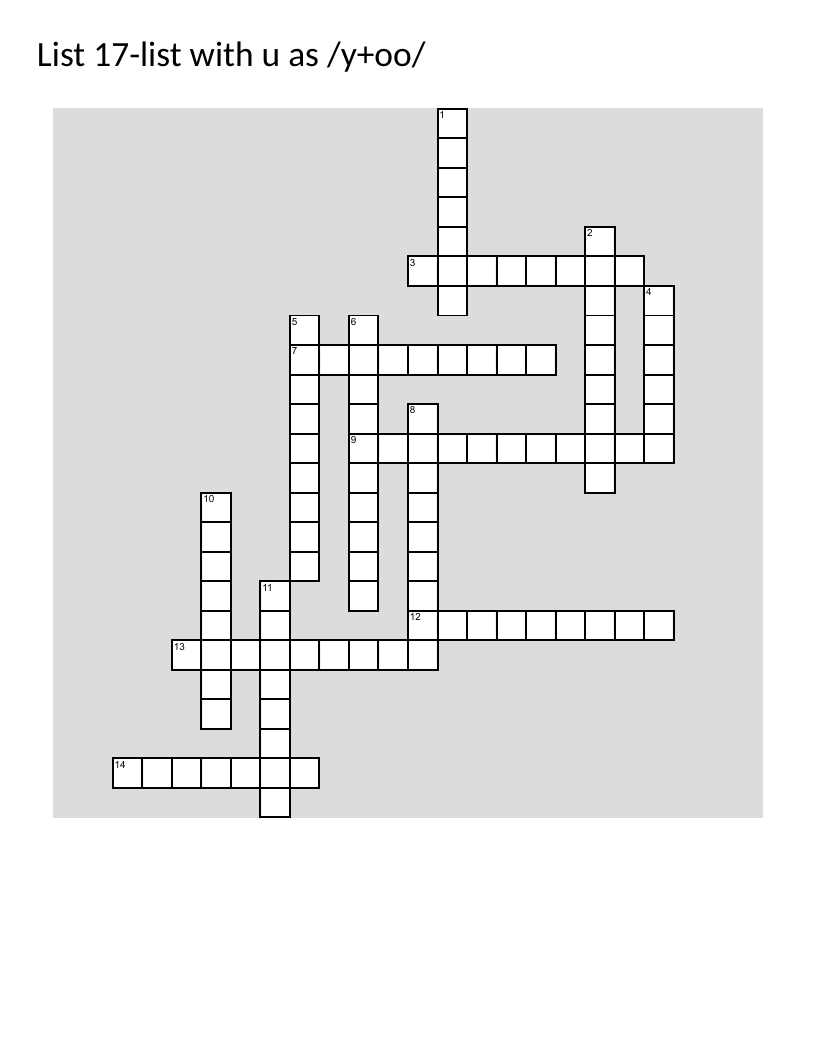 ESL crossword with vowel sound /y+oo/, featuring words like popular, university, and fabulous.