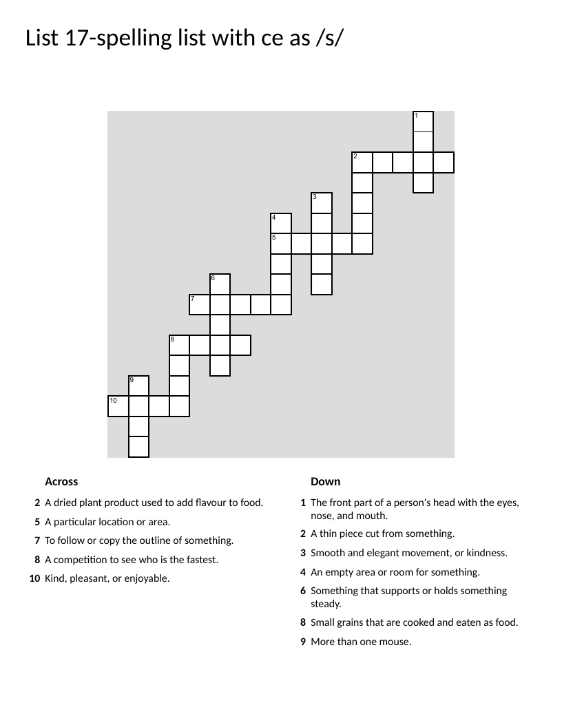 Spelling crossword with CE as /S/ sound words: place, space, nice, rice.
