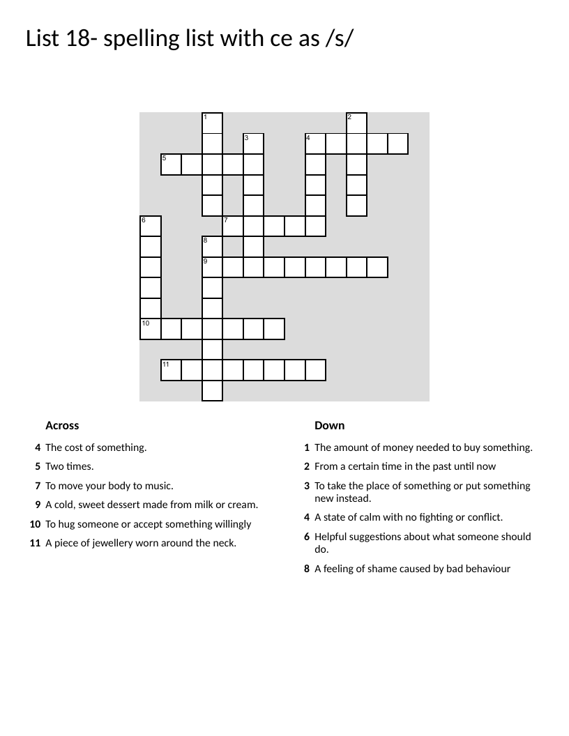 Spelling crossword with CE words like dance, price, and peace for elementary students.