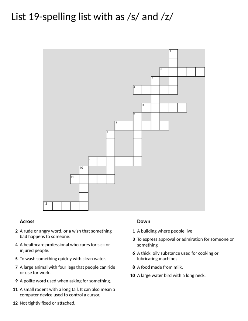 Spelling crossword with words featuring /s/ and /z/ sounds for Grade 2–3.