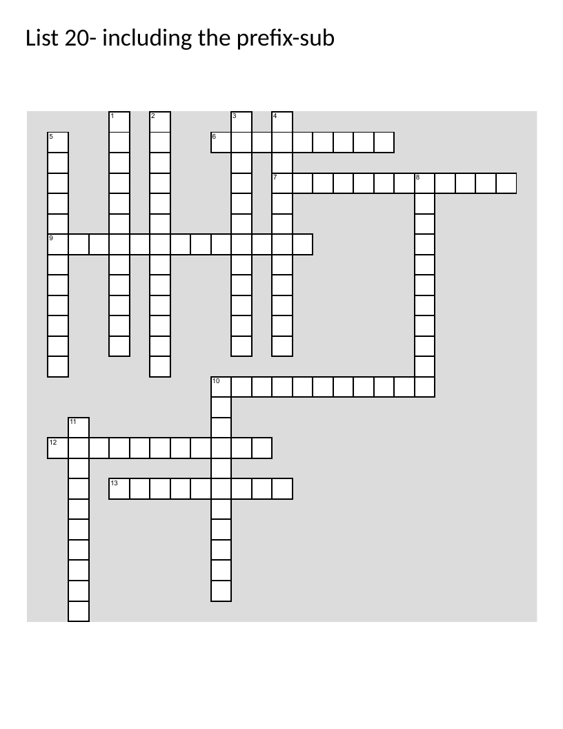 Vocabulary crossword puzzle with words using the prefix "sub."
