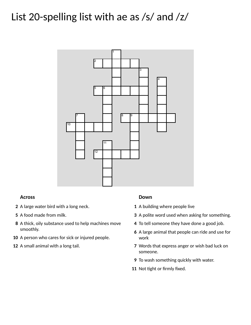 Spelling words crossword with /s/ and /z/ sounds—please, cheese, goose, house.