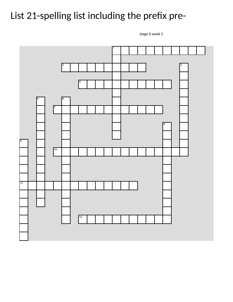 Crossword with spelling words featuring the prefix pre-, including prediction and prerequisite.