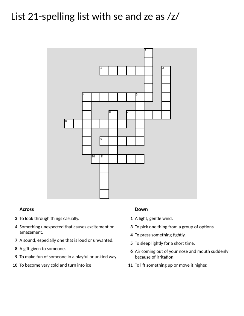Spelling crossword for /z/ sound: freeze, sneeze, choose, surprise.