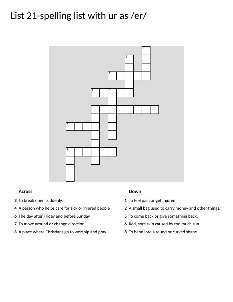 Spelling crossword with ur words like nurse, church, and purse.