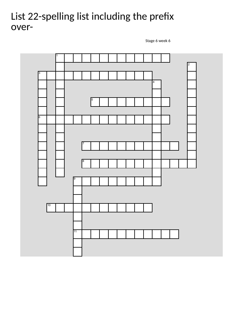 Over- prefix spelling crossword with words like overjoyed, override, and overachiever.
