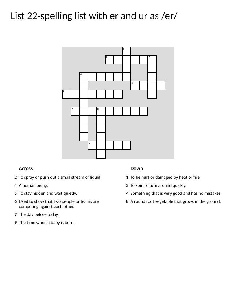 Spelling crossword with ER and UR words like person, birth, and turnip.