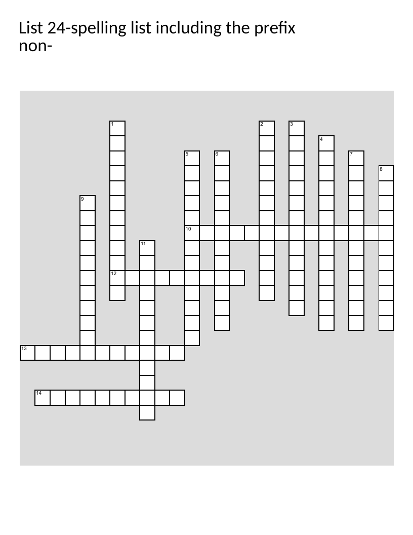 Non- prefix crossword with words like noncompetitive, nonverbal, and nonchalant.
