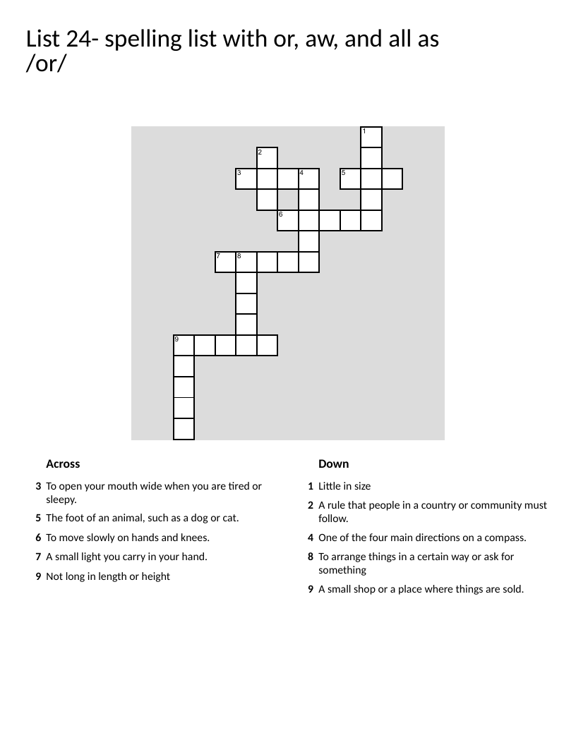 Spelling crossword with OR, AW, and ALL words like yawn, paw, and crawl.