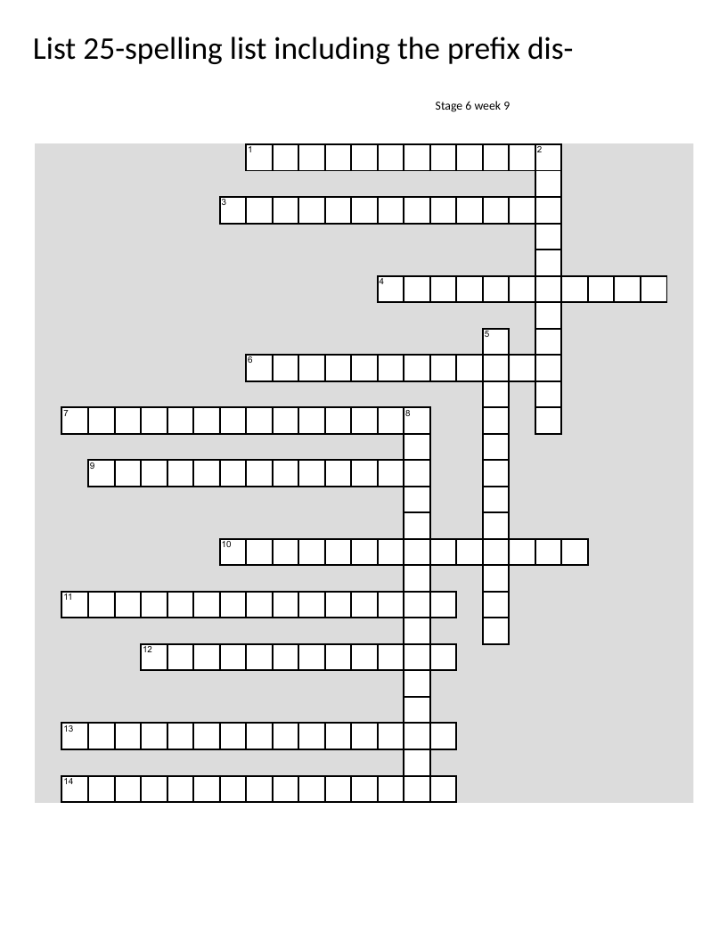 Spelling crossword puzzle with dis- prefix words for elementary students.