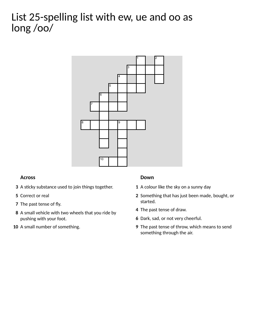 Long /oo/ sound spelling crossword with words like blue, glue, and drew.