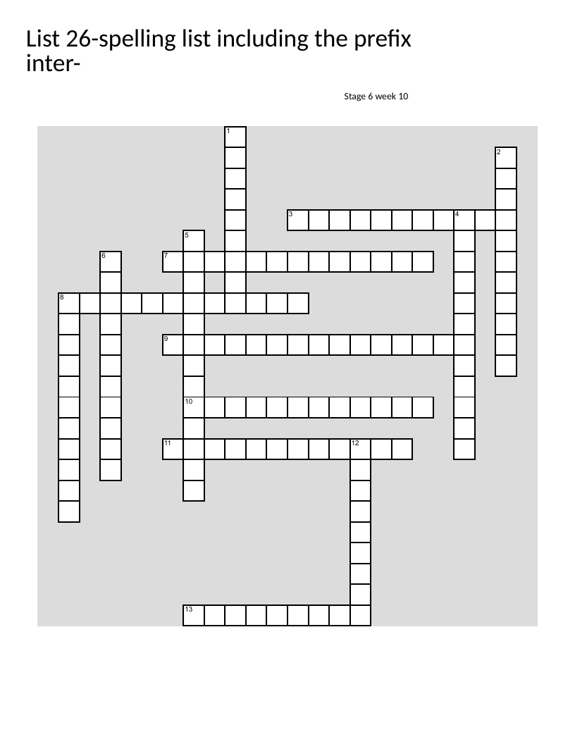 Crossword puzzle with inter- prefix words: interactive, international, intervention.