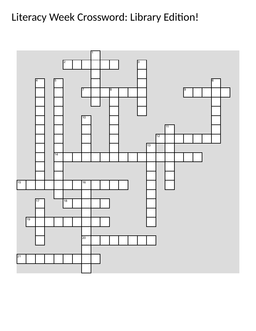 Library and book genres crossword with vocabulary like memoir, graphic novel, and fantasy.