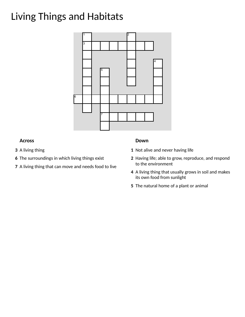 Living things and habitats crossword with vocabulary like organism, habitat, and animal.
