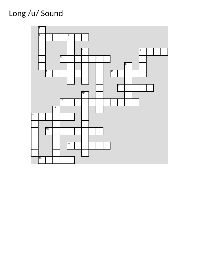Long /u/ sound phonics crossword with words like cruise, fuel, and future.