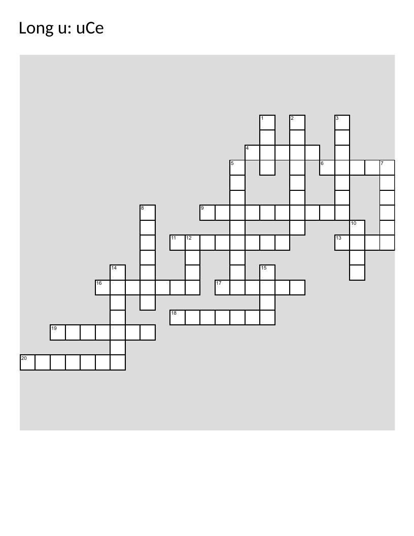 Long-u crossword puzzle with uce pattern words like amuse, costume, and refuse.