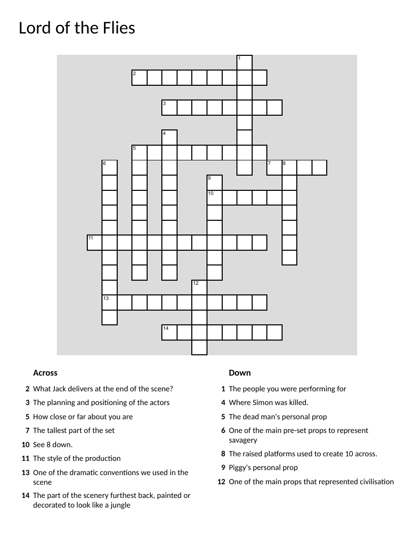 Lord of the Flies drama production crossword with theatrical terms and stagecraft concepts.