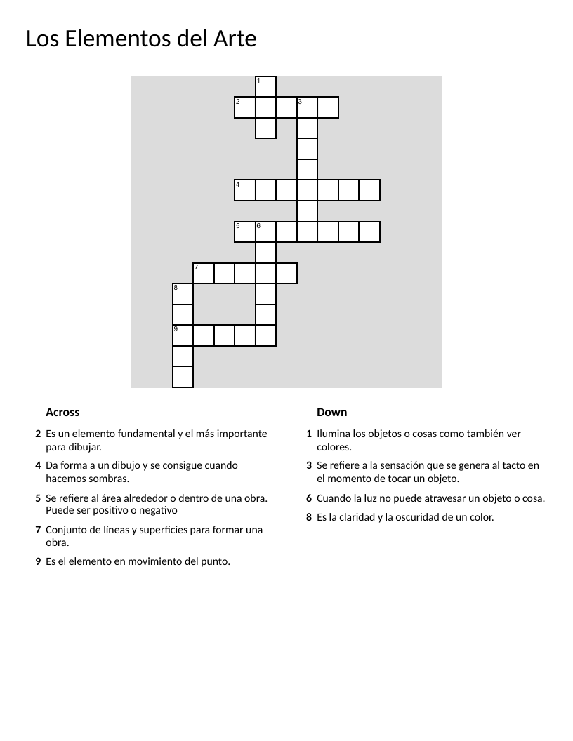 Spanish art vocabulary crossword with punto, línea, forma, textura, and luz.