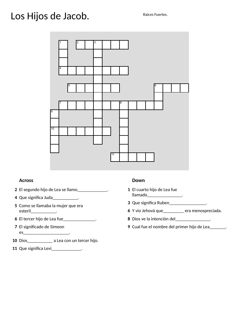 Jacob's sons crossword puzzle in Spanish with biblical names and Old Testament meanings.