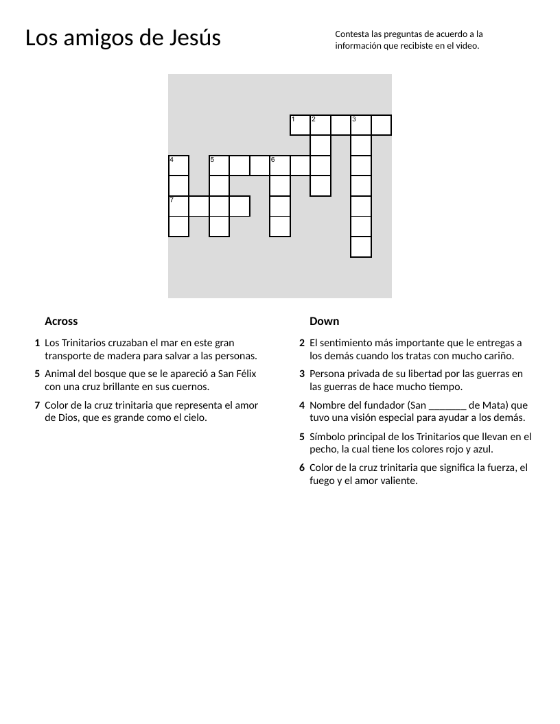 Spanish crossword about Trinitarians, Saint John of Mata, and the red-and-blue cross.