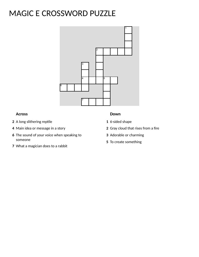 Magic E crossword puzzle with words like snake, theme, and smoke for phonics practice.