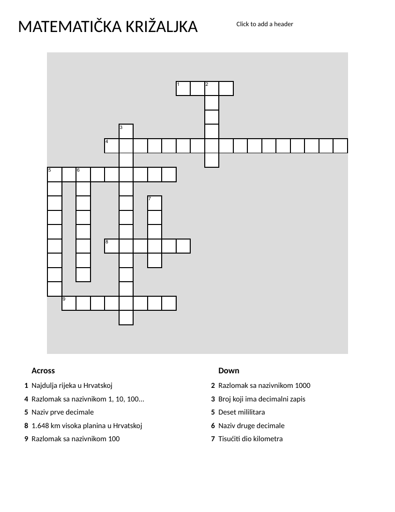 Mathematics crossword in Croatian with decimal and fraction terminology.