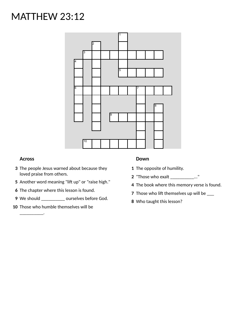 Matthew 23:12 Bible verse crossword about humility and spiritual virtue.