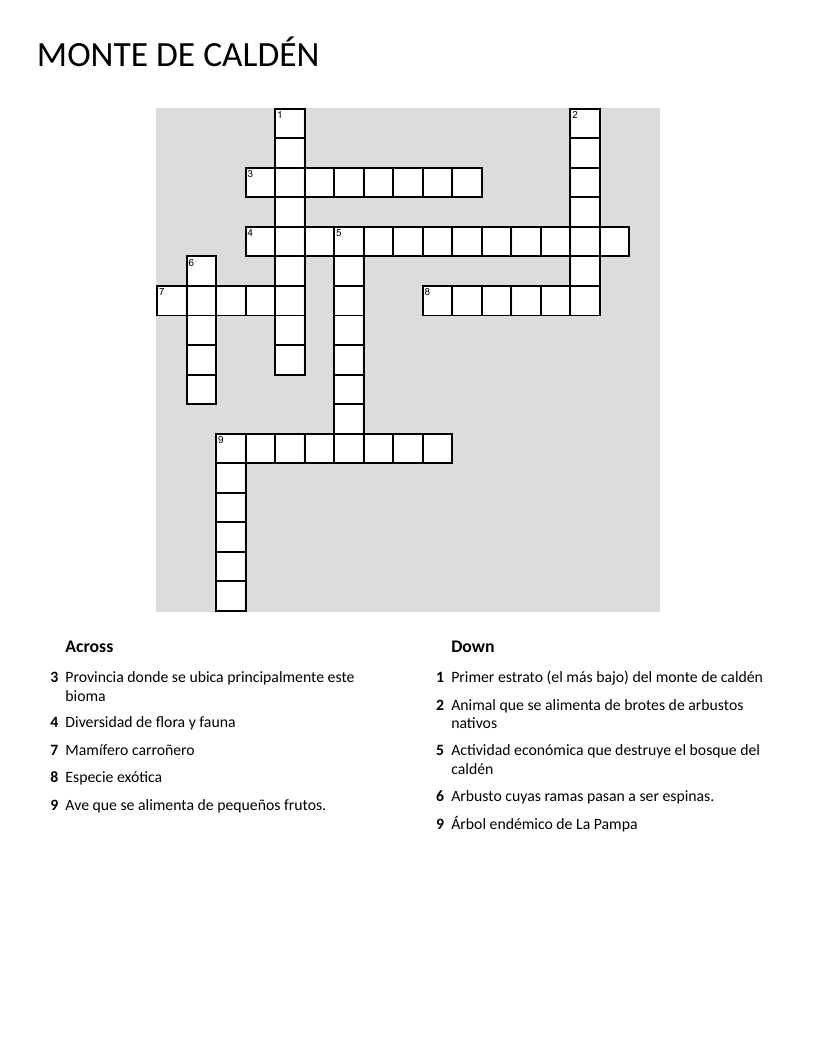 Monte de Caldén ecosystem crossword with caldén tree, guanaco, and biodiversity vocabulary.