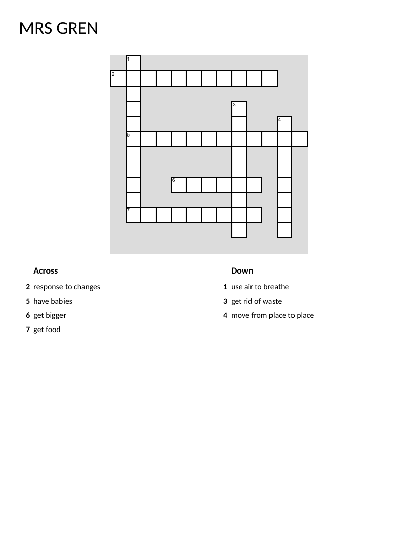 MRS GREN biology crossword covering the seven characteristics of life.