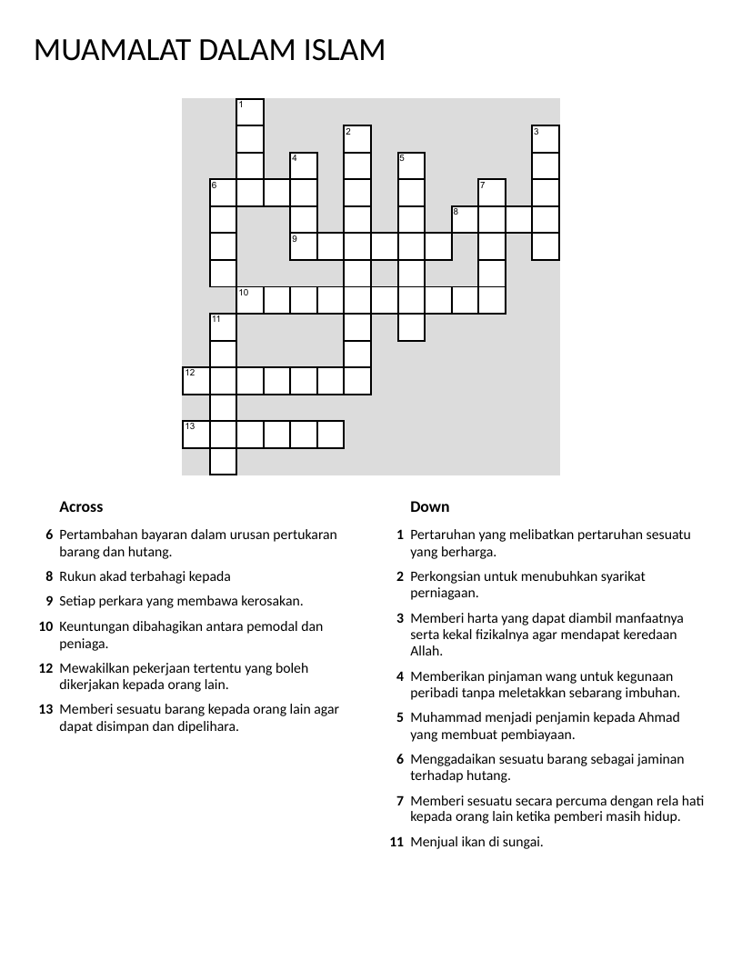 Islamic muamalat crossword with concepts like riba, mudharabah, and waqaf.