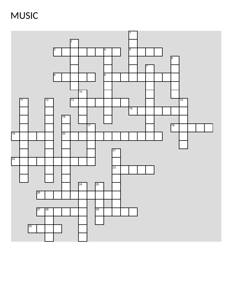 Music theory crossword with vocabulary about rhythm, dynamics, melody, and vocal technique.