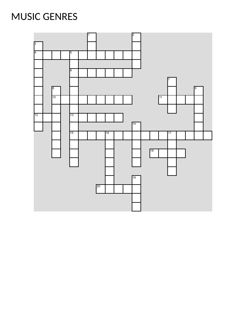 Music genres crossword with clues for jazz, rock, reggae, classical, and hip-hop.
