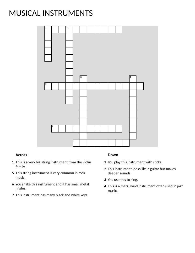 Musical instruments crossword with drums, guitar, saxophone, and other instruments.