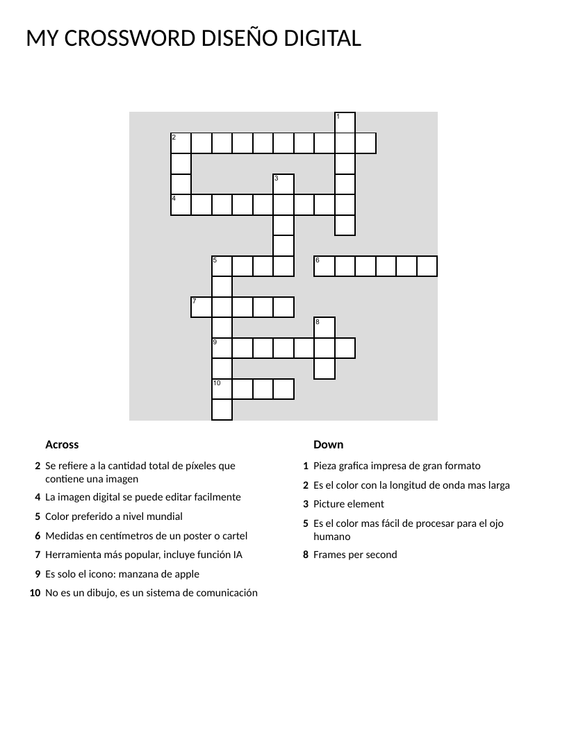 Spanish digital design crossword with terms like resolution, pixel, and Canva.