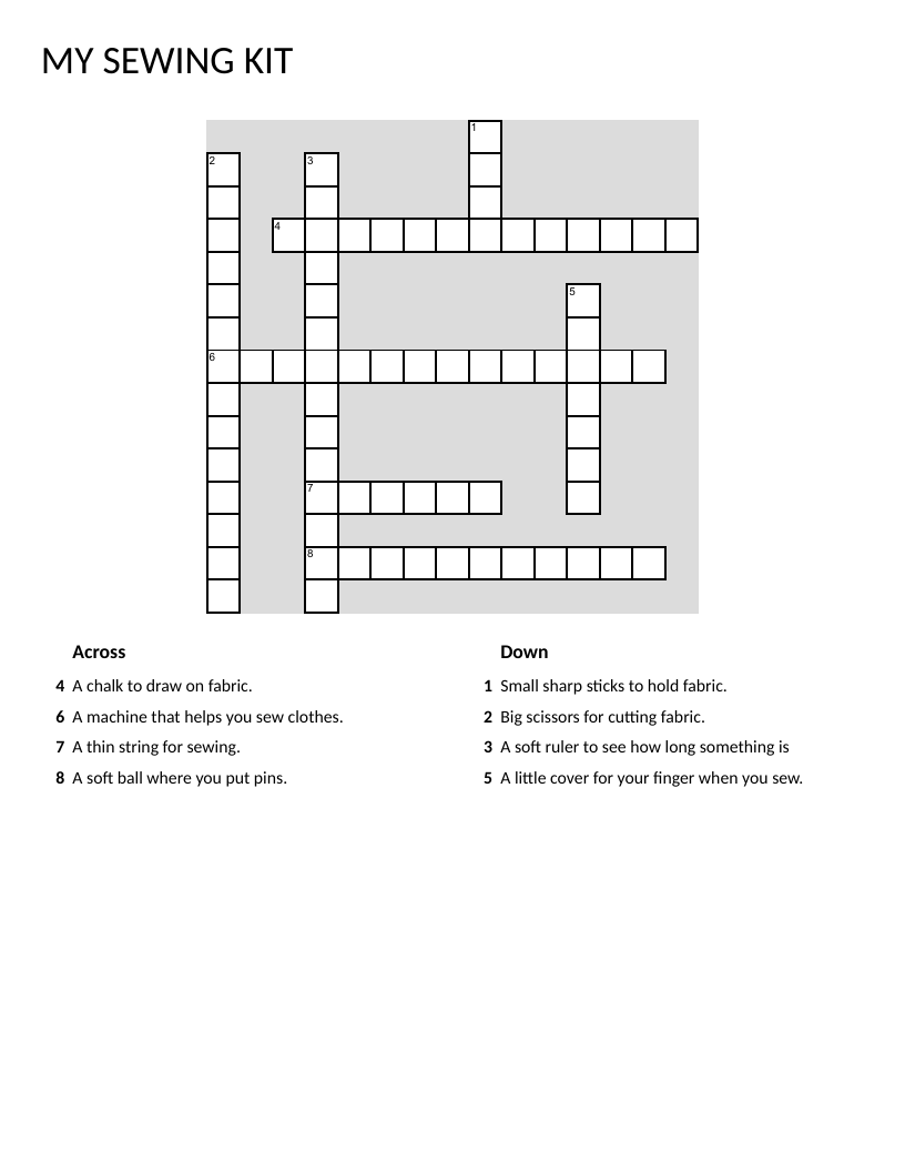 Sewing tools crossword puzzle with pins, thread, and measuring tape.