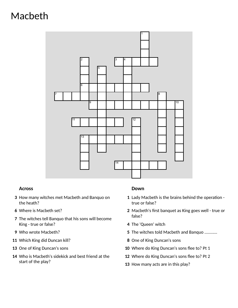 Macbeth literature crossword with Shakespeare, witches, prophecies, and Banquo.