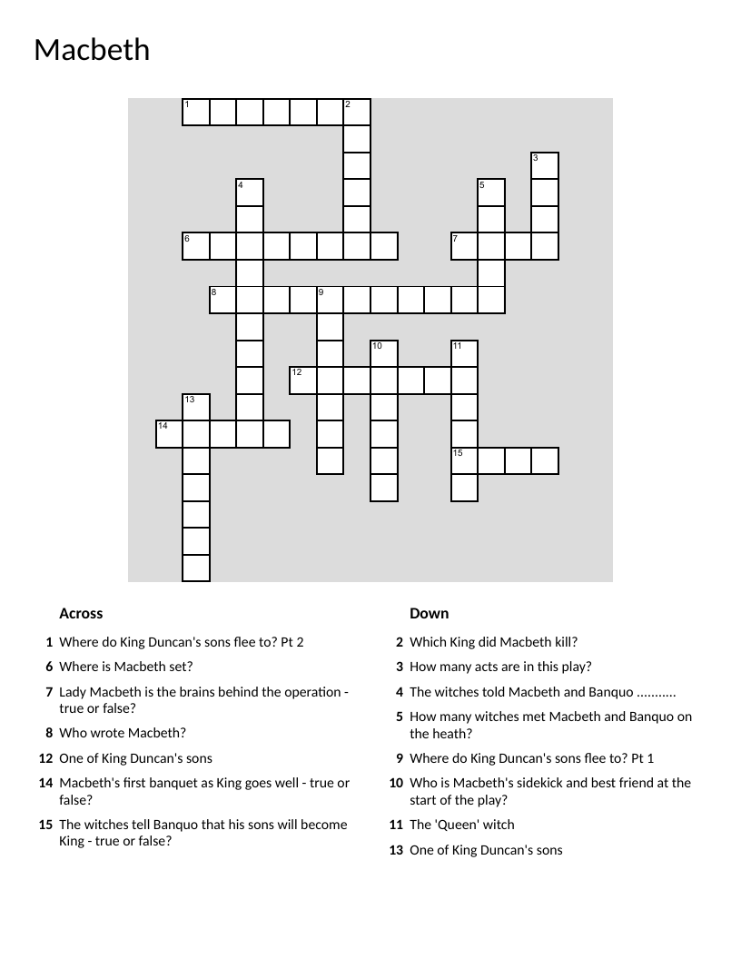 Macbeth crossword puzzle with Shakespeare play clues and characters.