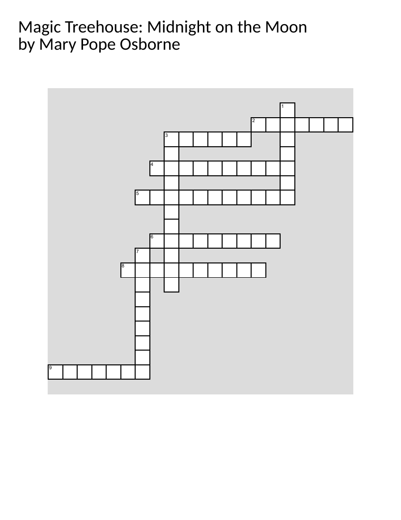 Magic Treehouse moon book crossword with space vocabulary and book characters.