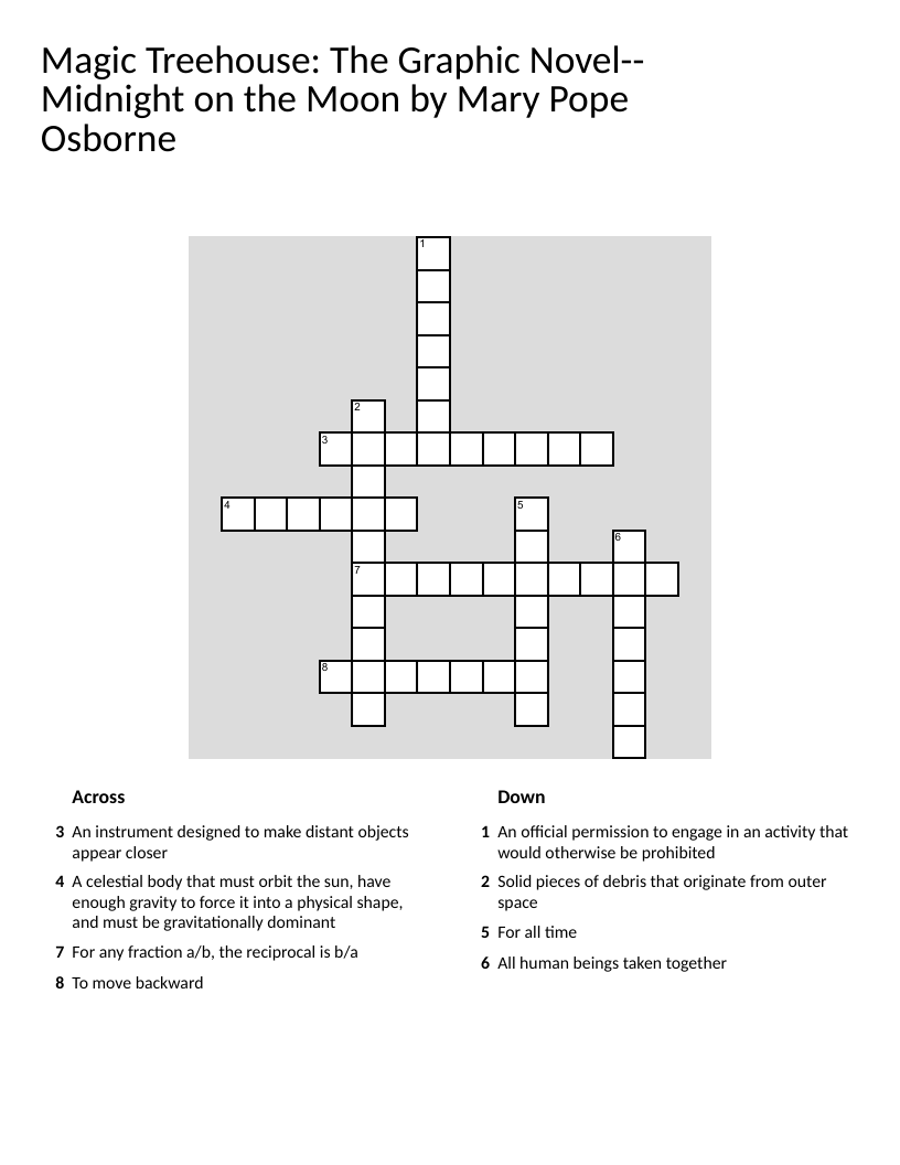 Magic Treehouse moon and space crossword puzzle with telescope and planet vocabulary.